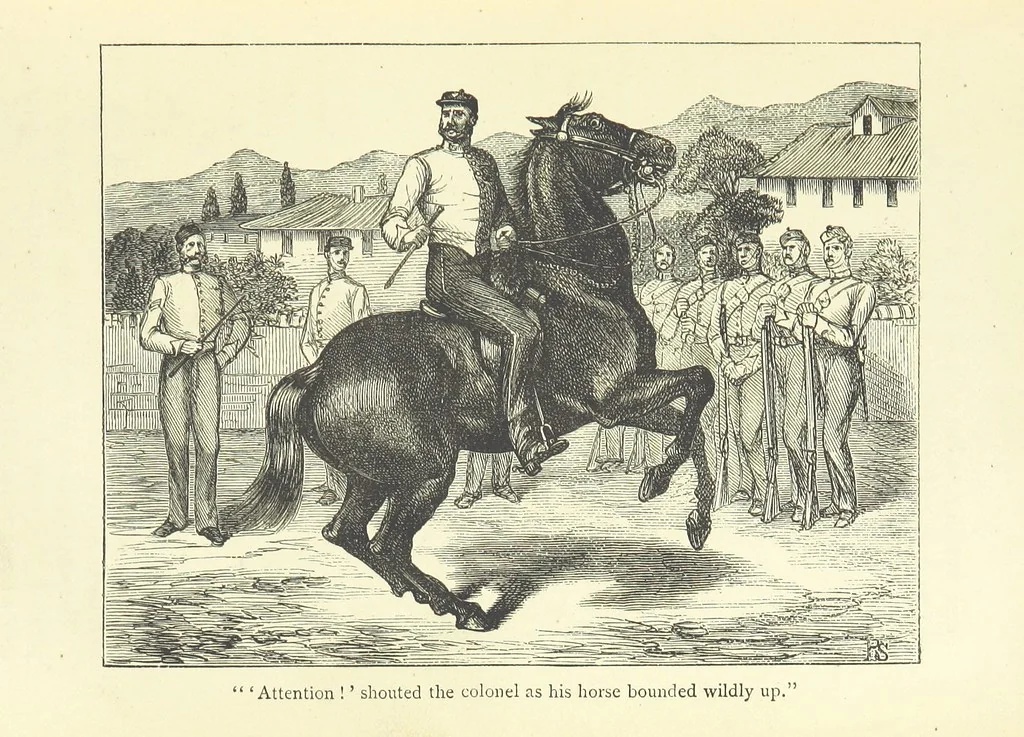 An illustration from With the Colours; or, the piping times of peace ... With illustrations by R. Simkin, 1881, leaf 89
