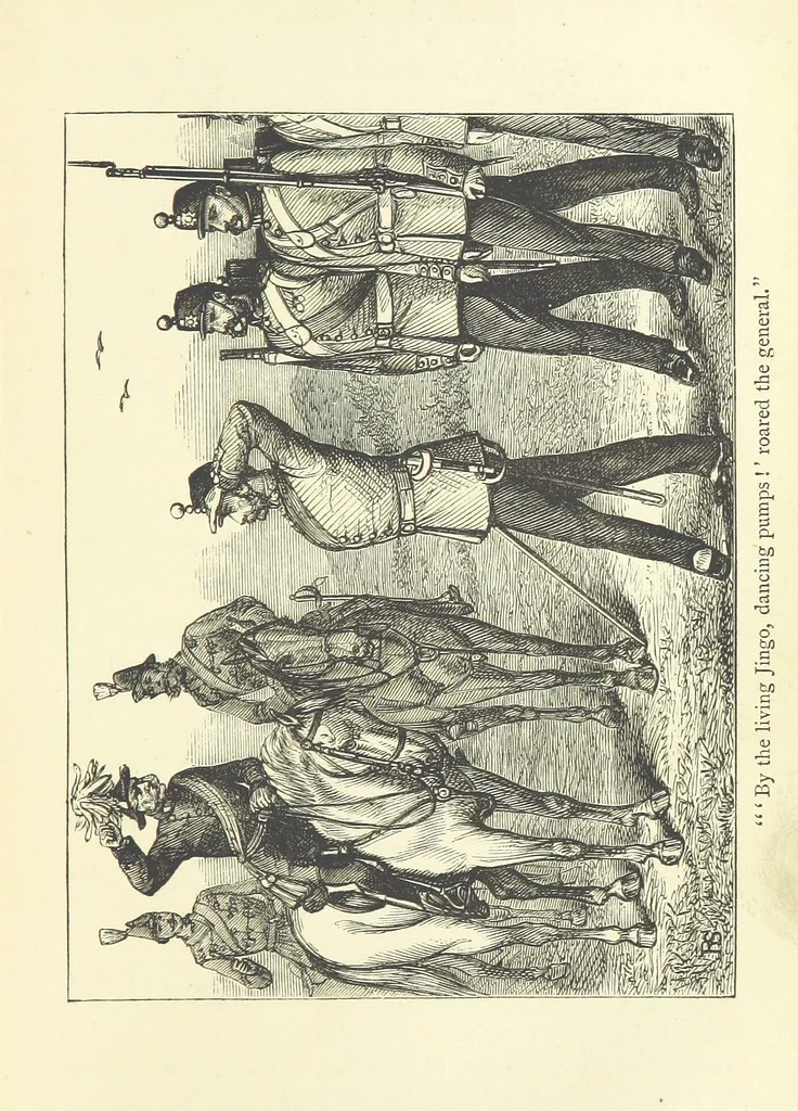 An illustration from With the Colours; or, the piping times of peace ... With illustrations by R. Simkin, 1881, leaf 95