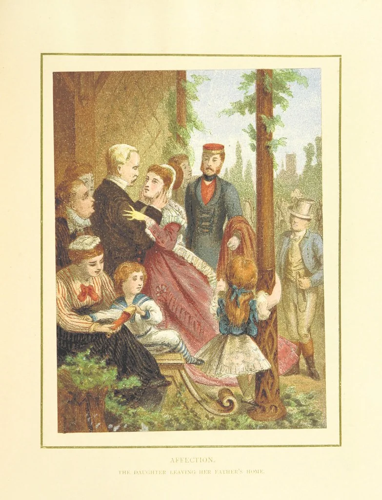 An illustration from The Nobility of Life, its graces and virtues, portrayed in prose and verse by the best writers. Selected and edited by L. Valentine. With twenty-four original pictures printed in colours, elaborate borders, etc, 1869, leaf 111