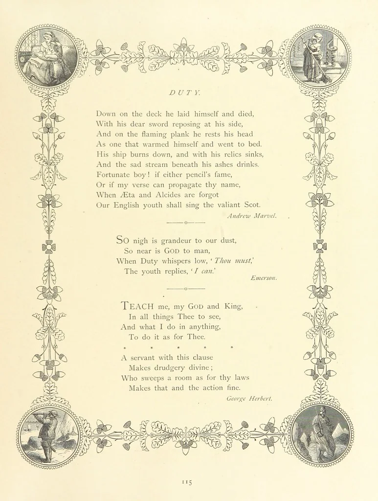 An illustration from The Nobility of Life, its graces and virtues, portrayed in prose and verse by the best writers. Selected and edited by L. Valentine. With twenty-four original pictures printed in colours, elaborate borders, etc, 1869, leaf 157