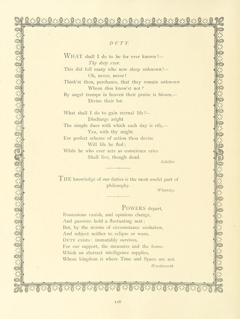 An illustration from The Nobility of Life, its graces and virtues, portrayed in prose and verse by the best writers. Selected and edited by L. Valentine. With twenty-four original pictures printed in colours, elaborate borders, etc, 1869, leaf 158