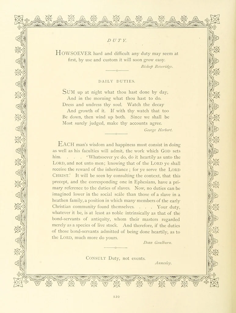 An illustration from The Nobility of Life, its graces and virtues, portrayed in prose and verse by the best writers. Selected and edited by L. Valentine. With twenty-four original pictures printed in colours, elaborate borders, etc, 1869, leaf 164