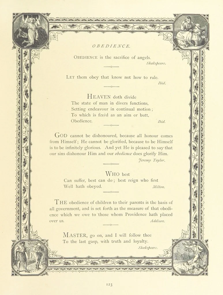 An illustration from The Nobility of Life, its graces and virtues, portrayed in prose and verse by the best writers. Selected and edited by L. Valentine. With twenty-four original pictures printed in colours, elaborate borders, etc, 1869, leaf 167