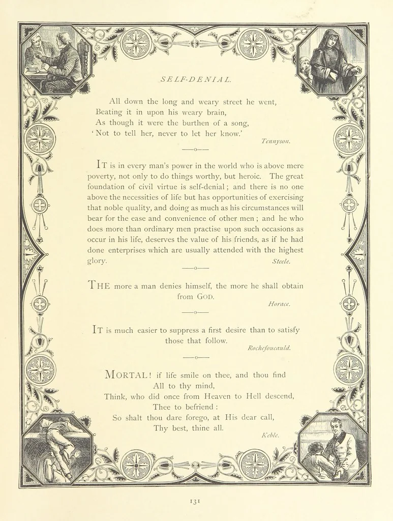 An illustration from The Nobility of Life, its graces and virtues, portrayed in prose and verse by the best writers. Selected and edited by L. Valentine. With twenty-four original pictures printed in colours, elaborate borders, etc, 1869, leaf 177