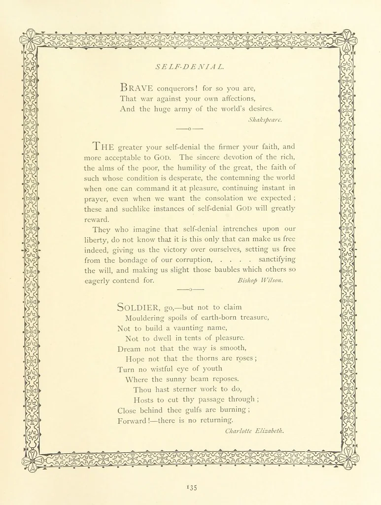 An illustration from The Nobility of Life, its graces and virtues, portrayed in prose and verse by the best writers. Selected and edited by L. Valentine. With twenty-four original pictures printed in colours, elaborate borders, etc, 1869, leaf 183
