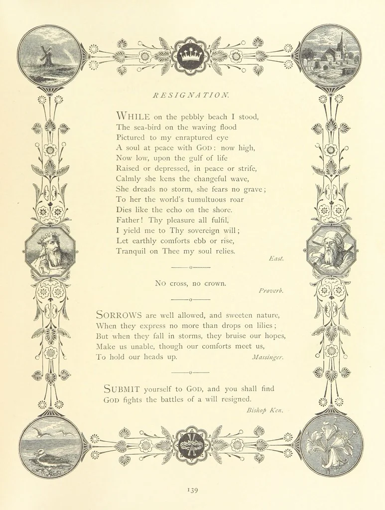 An illustration from The Nobility of Life, its graces and virtues, portrayed in prose and verse by the best writers. Selected and edited by L. Valentine. With twenty-four original pictures printed in colours, elaborate borders, etc, 1869, leaf 187