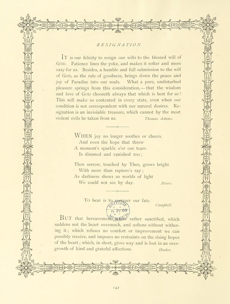 An illustration from The Nobility of Life, its graces and virtues, portrayed in prose and verse by the best writers. Selected and edited by L. Valentine. With twenty-four original pictures printed in colours, elaborate borders, etc, 1869, leaf 192