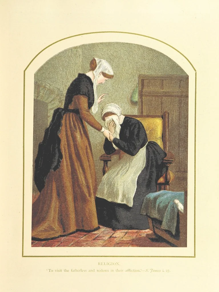An illustration from The Nobility of Life, its graces and virtues, portrayed in prose and verse by the best writers. Selected and edited by L. Valentine. With twenty-four original pictures printed in colours, elaborate borders, etc, 1869, leaf 21