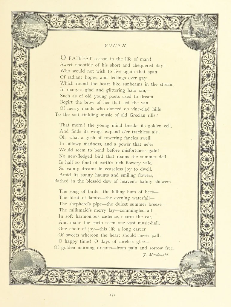 An illustration from The Nobility of Life, its graces and virtues, portrayed in prose and verse by the best writers. Selected and edited by L. Valentine. With twenty-four original pictures printed in colours, elaborate borders, etc, 1869, leaf 227