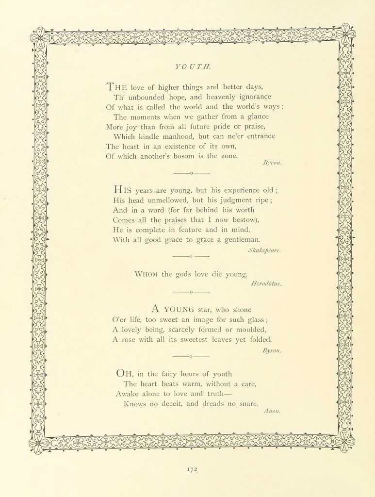 An illustration from The Nobility of Life, its graces and virtues, portrayed in prose and verse by the best writers. Selected and edited by L. Valentine. With twenty-four original pictures printed in colours, elaborate borders, etc, 1869, leaf 228