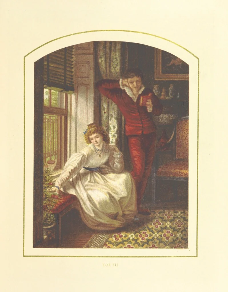 An illustration from The Nobility of Life, its graces and virtues, portrayed in prose and verse by the best writers. Selected and edited by L. Valentine. With twenty-four original pictures printed in colours, elaborate borders, etc, 1869, leaf 231