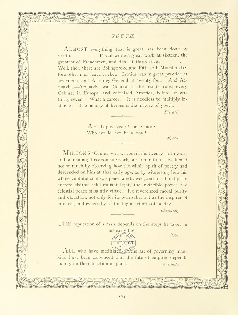 An illustration from The Nobility of Life, its graces and virtues, portrayed in prose and verse by the best writers. Selected and edited by L. Valentine. With twenty-four original pictures printed in colours, elaborate borders, etc, 1869, leaf 232