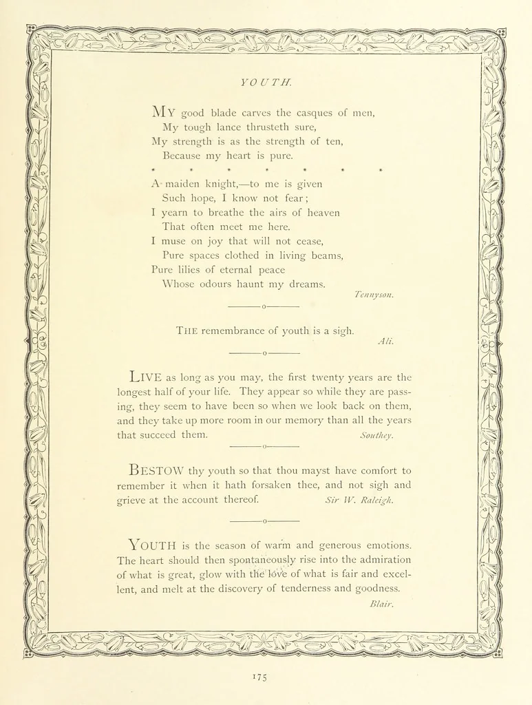 An illustration from The Nobility of Life, its graces and virtues, portrayed in prose and verse by the best writers. Selected and edited by L. Valentine. With twenty-four original pictures printed in colours, elaborate borders, etc, 1869, leaf 233