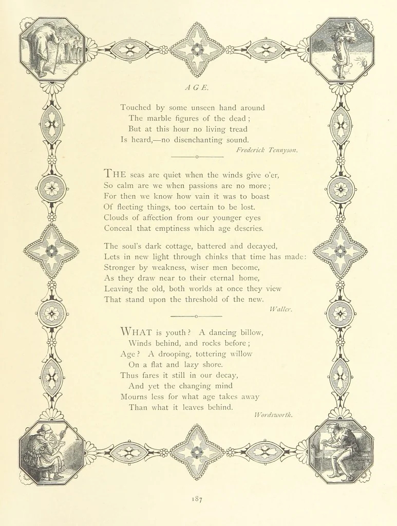 An illustration from The Nobility of Life, its graces and virtues, portrayed in prose and verse by the best writers. Selected and edited by L. Valentine. With twenty-four original pictures printed in colours, elaborate borders, etc, 1869, leaf 247