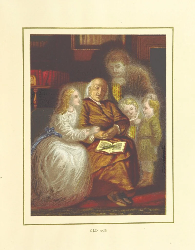 An illustration from The Nobility of Life, its graces and virtues, portrayed in prose and verse by the best writers. Selected and edited by L. Valentine. With twenty-four original pictures printed in colours, elaborate borders, etc, 1869, leaf 251