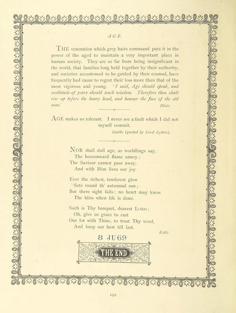 An illustration from The Nobility of Life, its graces and virtues, portrayed in prose and verse by the best writers. Selected and edited by L. Valentine. With twenty-four original pictures printed in colours, elaborate borders, etc, 1869, leaf 254