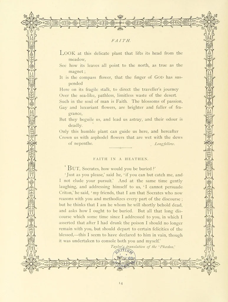 An illustration from The Nobility of Life, its graces and virtues, portrayed in prose and verse by the best writers. Selected and edited by L. Valentine. With twenty-four original pictures printed in colours, elaborate borders, etc, 1869, leaf 32