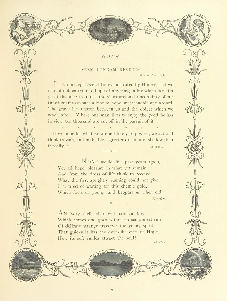 An illustration from The Nobility of Life, its graces and virtues, portrayed in prose and verse by the best writers. Selected and edited by L. Valentine. With twenty-four original pictures printed in colours, elaborate borders, etc, 1869, leaf 37