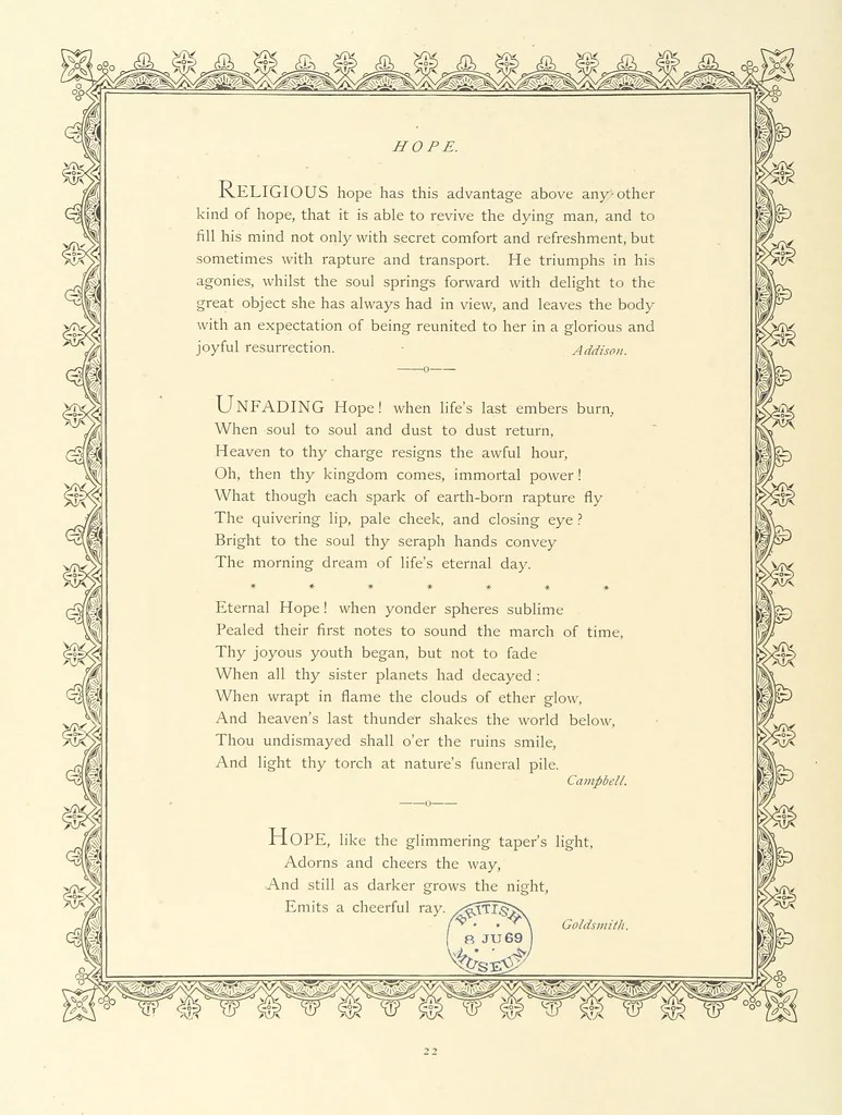 An illustration from The Nobility of Life, its graces and virtues, portrayed in prose and verse by the best writers. Selected and edited by L. Valentine. With twenty-four original pictures printed in colours, elaborate borders, etc, 1869, leaf 42