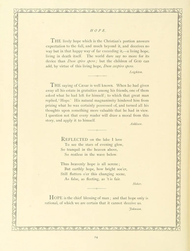 An illustration from The Nobility of Life, its graces and virtues, portrayed in prose and verse by the best writers. Selected and edited by L. Valentine. With twenty-four original pictures printed in colours, elaborate borders, etc, 1869, leaf 44