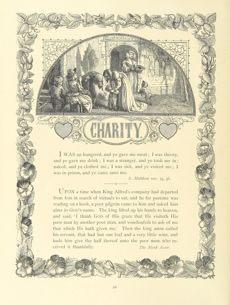 An illustration from The Nobility of Life, its graces and virtues, portrayed in prose and verse by the best writers. Selected and edited by L. Valentine. With twenty-four original pictures printed in colours, elaborate borders, etc, 1869, leaf 46