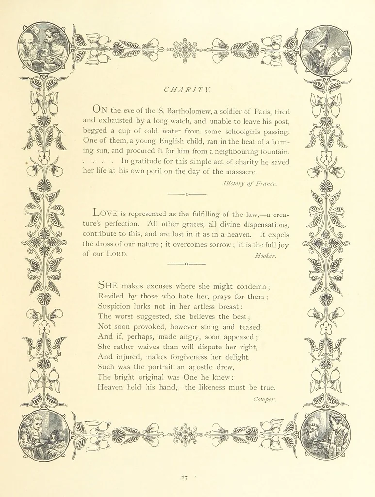 An illustration from The Nobility of Life, its graces and virtues, portrayed in prose and verse by the best writers. Selected and edited by L. Valentine. With twenty-four original pictures printed in colours, elaborate borders, etc, 1869, leaf 47