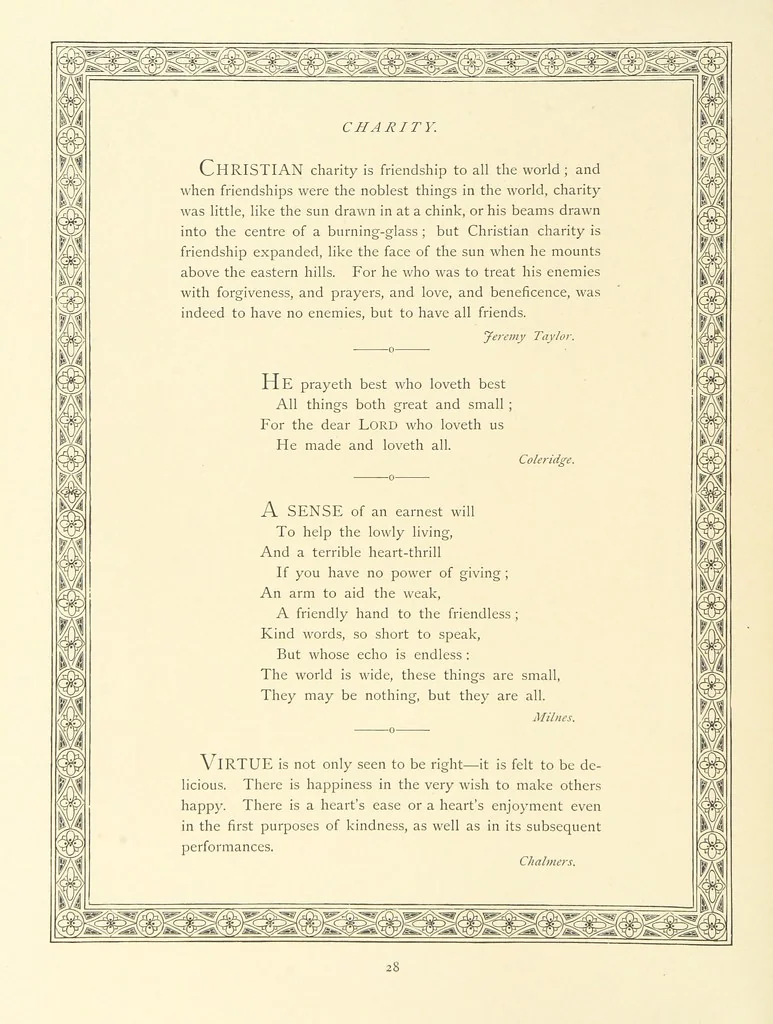 An illustration from The Nobility of Life, its graces and virtues, portrayed in prose and verse by the best writers. Selected and edited by L. Valentine. With twenty-four original pictures printed in colours, elaborate borders, etc, 1869, leaf 48