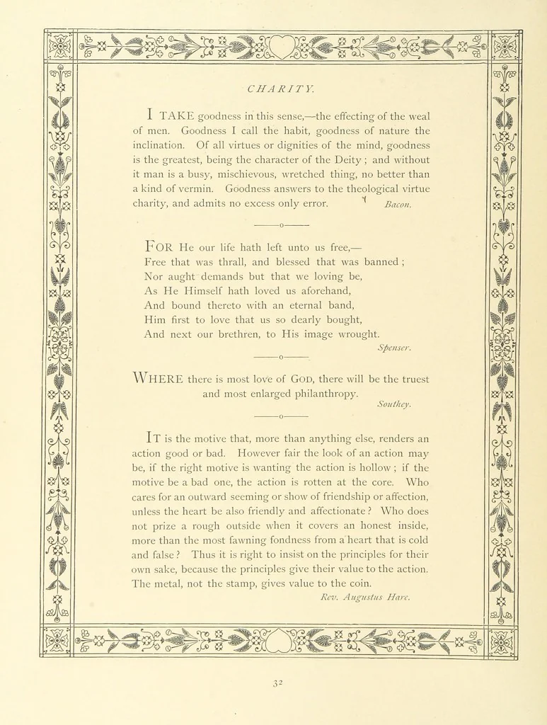 An illustration from The Nobility of Life, its graces and virtues, portrayed in prose and verse by the best writers. Selected and edited by L. Valentine. With twenty-four original pictures printed in colours, elaborate borders, etc, 1869, leaf 54