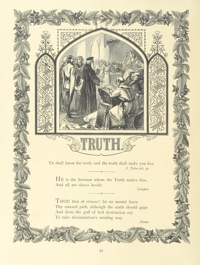 An illustration from The Nobility of Life, its graces and virtues, portrayed in prose and verse by the best writers. Selected and edited by L. Valentine. With twenty-four original pictures printed in colours, elaborate borders, etc, 1869, leaf 56