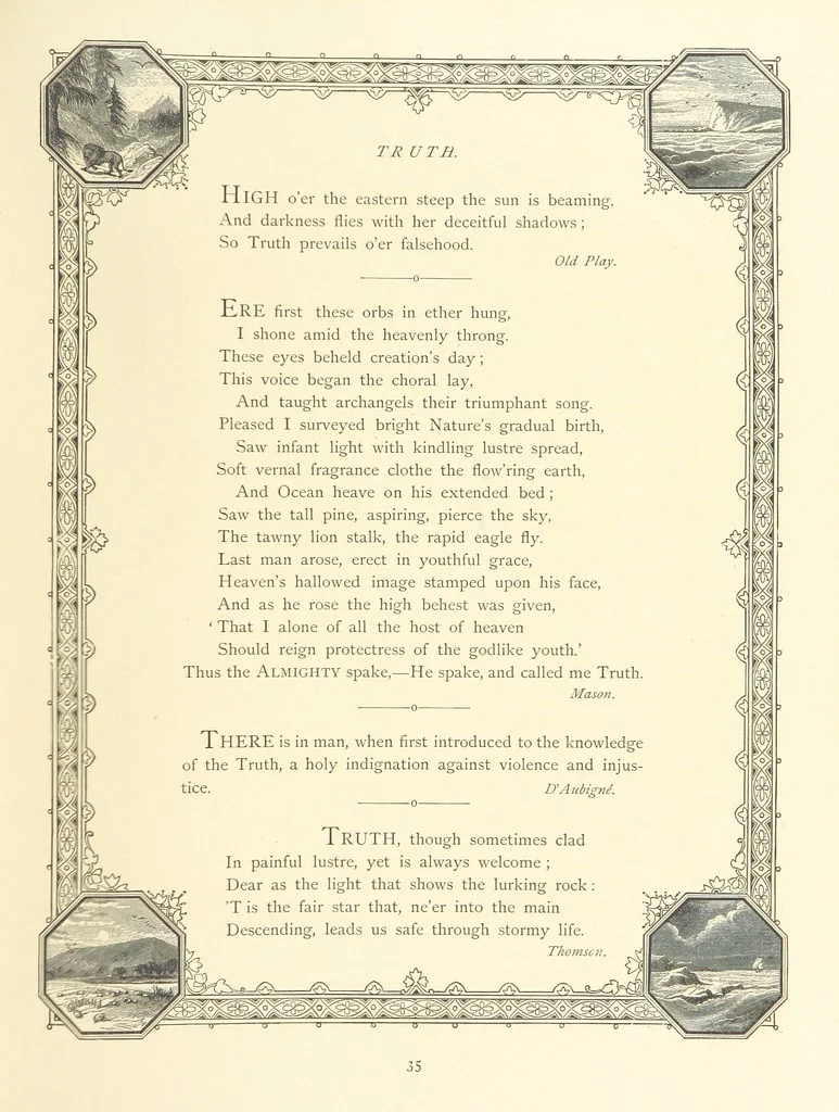 An illustration from The Nobility of Life, its graces and virtues, portrayed in prose and verse by the best writers. Selected and edited by L. Valentine. With twenty-four original pictures printed in colours, elaborate borders, etc, 1869, leaf 57