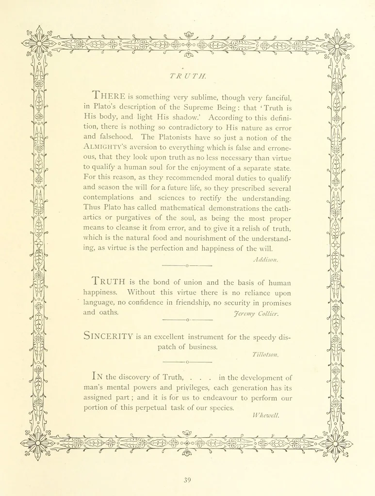 An illustration from The Nobility of Life, its graces and virtues, portrayed in prose and verse by the best writers. Selected and edited by L. Valentine. With twenty-four original pictures printed in colours, elaborate borders, etc, 1869, leaf 63