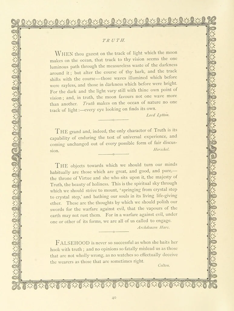 An illustration from The Nobility of Life, its graces and virtues, portrayed in prose and verse by the best writers. Selected and edited by L. Valentine. With twenty-four original pictures printed in colours, elaborate borders, etc, 1869, leaf 64