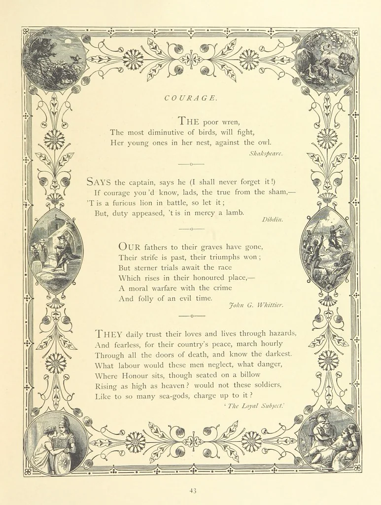 An illustration from The Nobility of Life, its graces and virtues, portrayed in prose and verse by the best writers. Selected and edited by L. Valentine. With twenty-four original pictures printed in colours, elaborate borders, etc, 1869, leaf 67