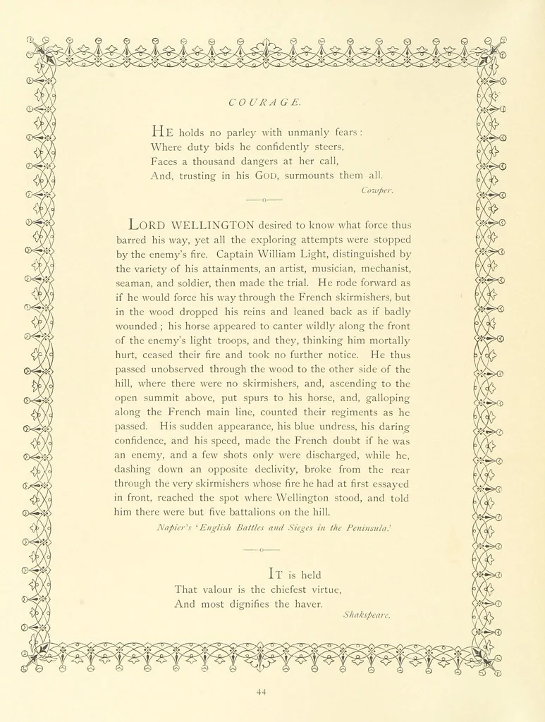 An illustration from The Nobility of Life, its graces and virtues, portrayed in prose and verse by the best writers. Selected and edited by L. Valentine. With twenty-four original pictures printed in colours, elaborate borders, etc, 1869, leaf 68