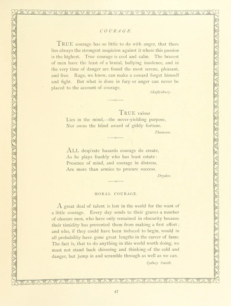 An illustration from The Nobility of Life, its graces and virtues, portrayed in prose and verse by the best writers. Selected and edited by L. Valentine. With twenty-four original pictures printed in colours, elaborate borders, etc, 1869, leaf 73