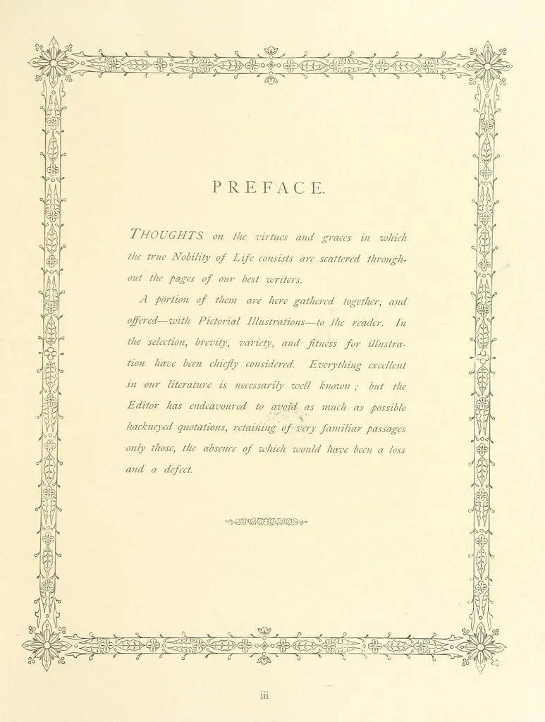 An illustration from The Nobility of Life, its graces and virtues, portrayed in prose and verse by the best writers. Selected and edited by L. Valentine. With twenty-four original pictures printed in colours, elaborate borders, etc, 1869, leaf 9