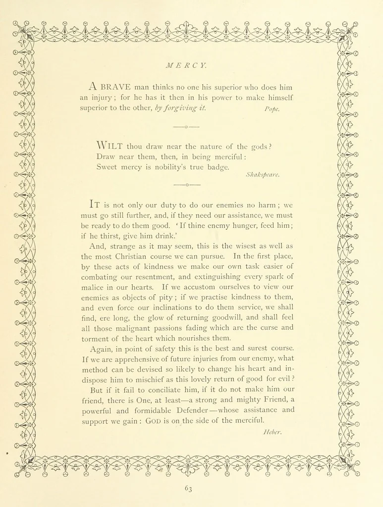 An illustration from The Nobility of Life, its graces and virtues, portrayed in prose and verse by the best writers. Selected and edited by L. Valentine. With twenty-four original pictures printed in colours, elaborate borders, etc, 1869, leaf 93