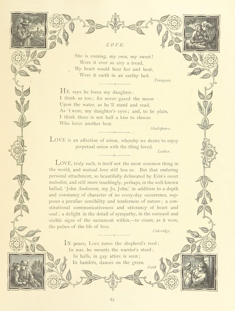 An illustration from The Nobility of Life, its graces and virtues, portrayed in prose and verse by the best writers. Selected and edited by L. Valentine. With twenty-four original pictures printed in colours, elaborate borders, etc, 1869, leaf 97