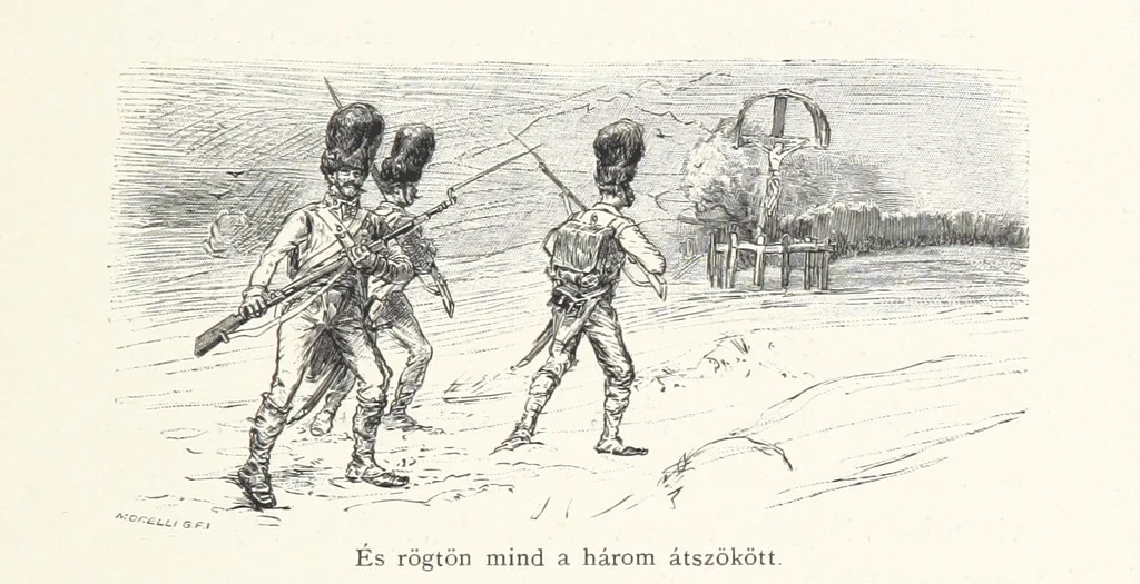 An illustration from Csataképek a magyar szabadságharczból ... Kimnach László rajzai után készült fametszetekkel. Hatodik illusztrált díszkiadás, 1899, leaf 199