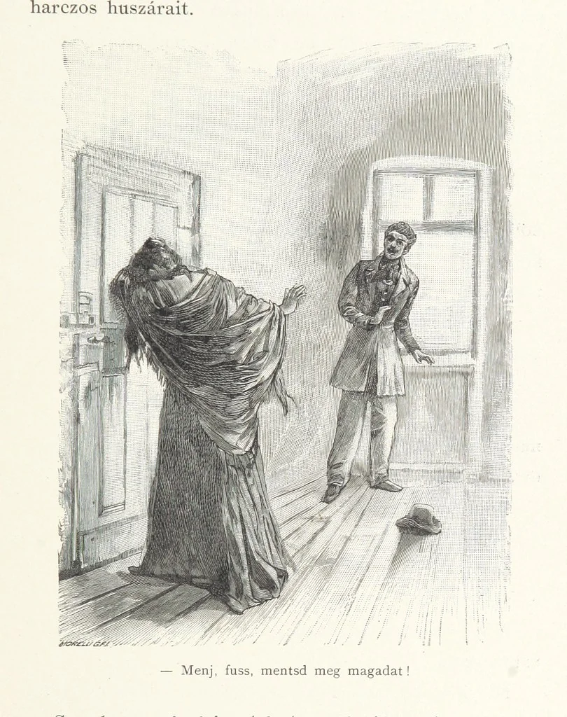 An illustration from Csataképek a magyar szabadságharczból ... Kimnach László rajzai után készült fametszetekkel. Hatodik illusztrált díszkiadás, 1899, leaf 215