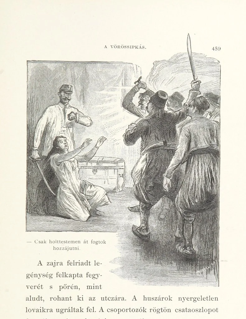 An illustration from Csataképek a magyar szabadságharczból ... Kimnach László rajzai után készült fametszetekkel. Hatodik illusztrált díszkiadás, 1899, leaf 507