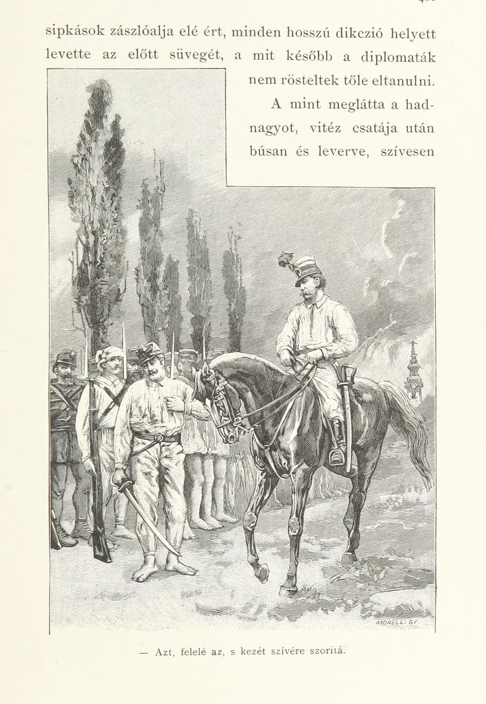 An illustration from Csataképek a magyar szabadságharczból ... Kimnach László rajzai után készült fametszetekkel. Hatodik illusztrált díszkiadás, 1899, leaf 509