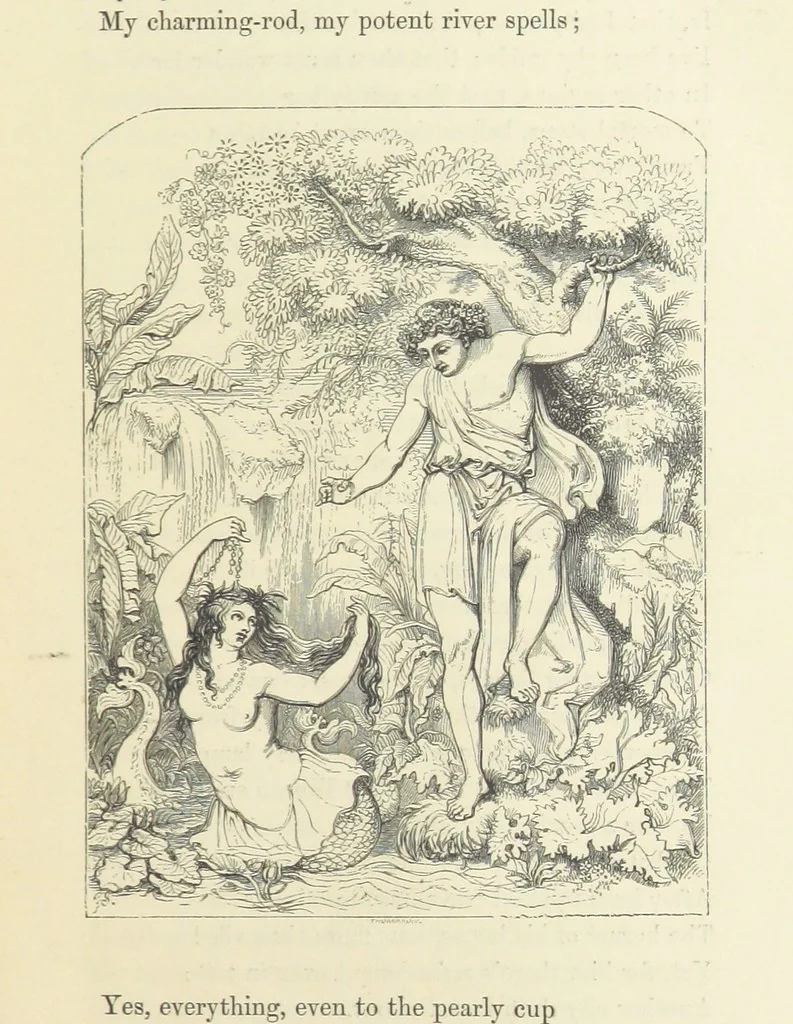 An illustration from The Poetical Works of John Keats. With a memoir by Richard Monckton Milnes. Illustrated by 120 designs, original and from the antique, drawn on wood by George Scharf, Jun, 1854, leaf 109