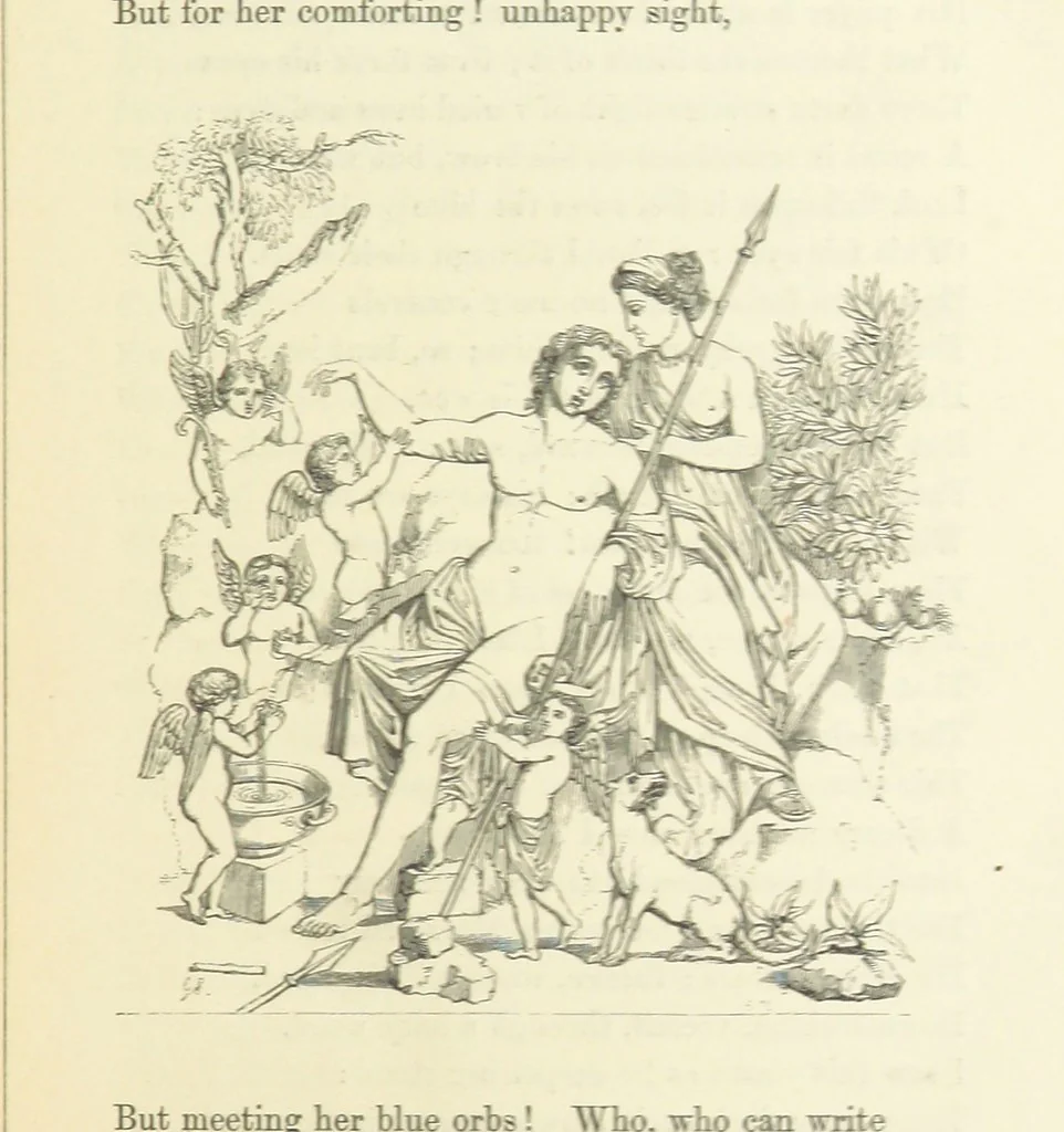 An illustration from The Poetical Works of John Keats. With a memoir by Richard Monckton Milnes. Illustrated by 120 designs, original and from the antique, drawn on wood by George Scharf, Jun, 1854, leaf 123
