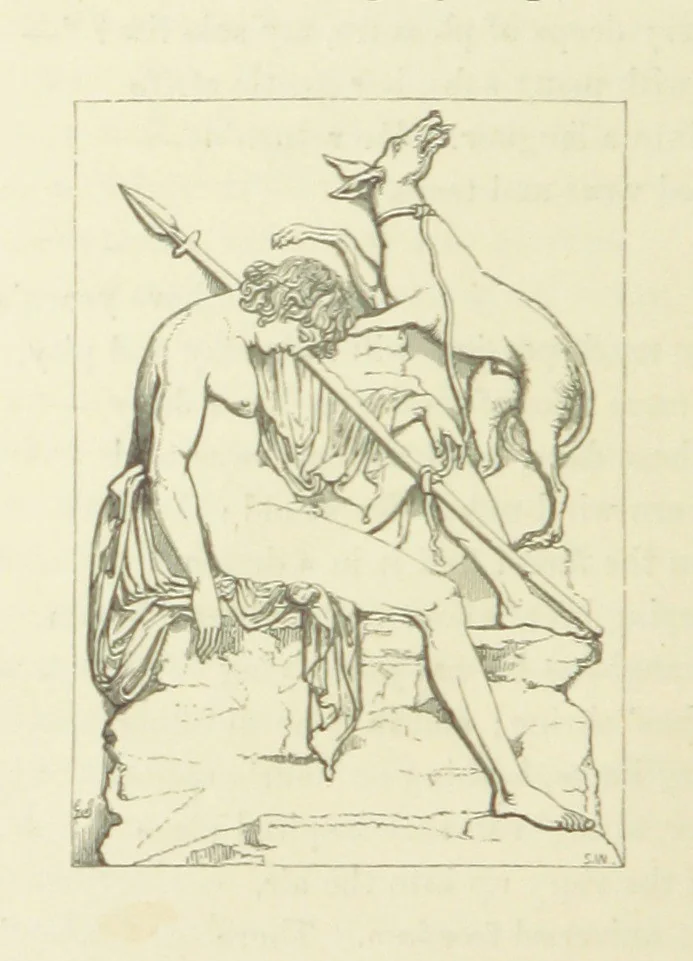 An illustration from The Poetical Works of John Keats. With a memoir by Richard Monckton Milnes. Illustrated by 120 designs, original and from the antique, drawn on wood by George Scharf, Jun, 1854, leaf 134