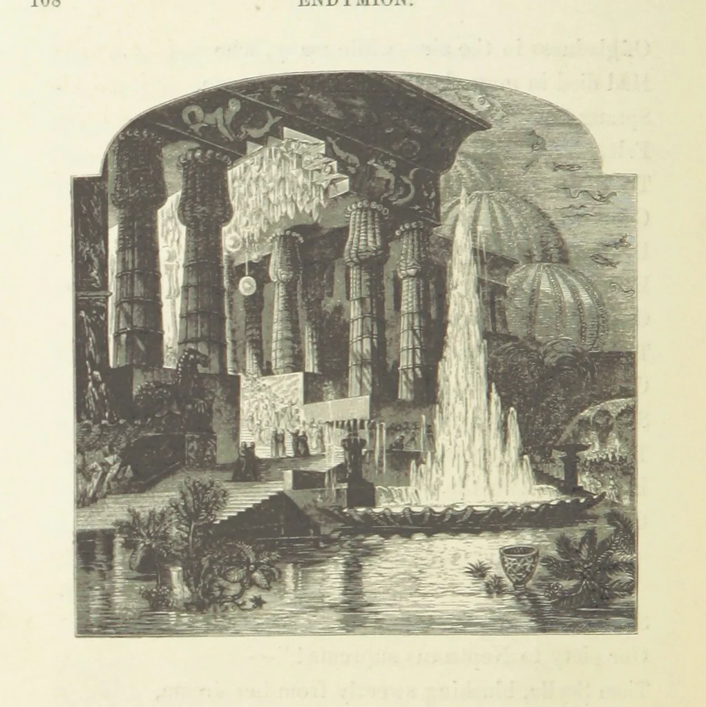 An illustration from The Poetical Works of John Keats. With a memoir by Richard Monckton Milnes. Illustrated by 120 designs, original and from the antique, drawn on wood by George Scharf, Jun, 1854, leaf 170