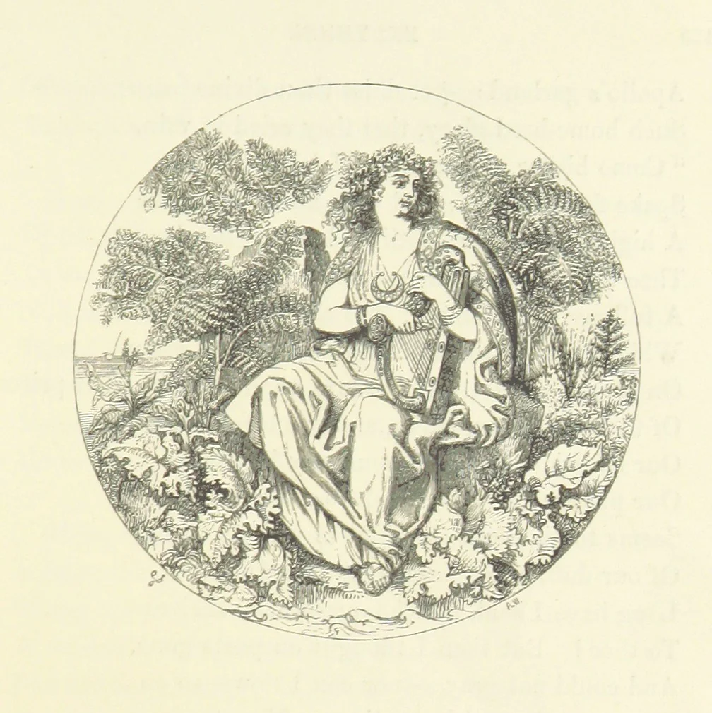 An illustration from The Poetical Works of John Keats. With a memoir by Richard Monckton Milnes. Illustrated by 120 designs, original and from the antique, drawn on wood by George Scharf, Jun, 1854, leaf 181