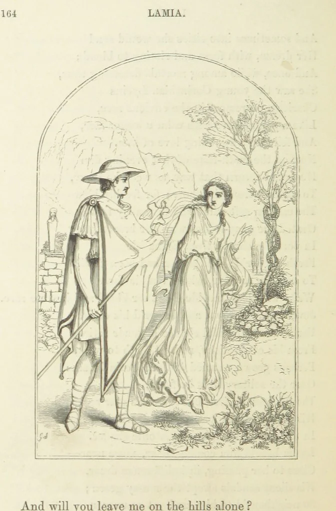 An illustration from The Poetical Works of John Keats. With a memoir by Richard Monckton Milnes. Illustrated by 120 designs, original and from the antique, drawn on wood by George Scharf, Jun, 1854, leaf 226