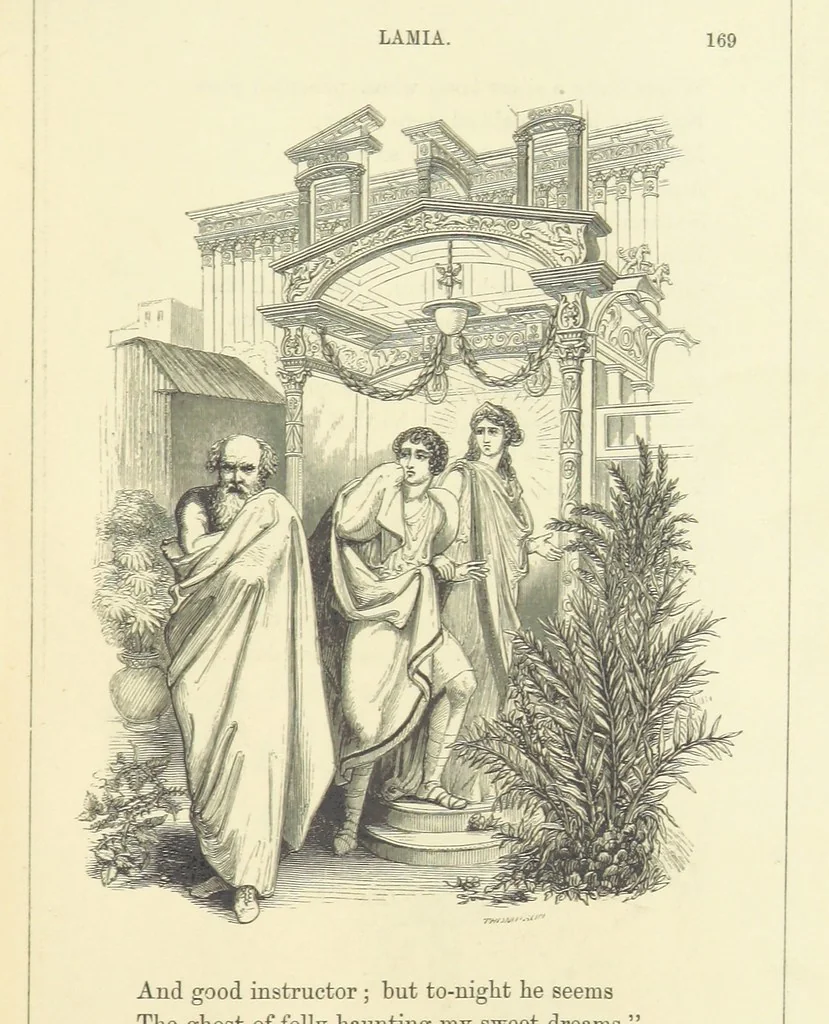 An illustration from The Poetical Works of John Keats. With a memoir by Richard Monckton Milnes. Illustrated by 120 designs, original and from the antique, drawn on wood by George Scharf, Jun, 1854, leaf 231