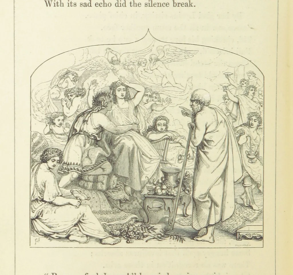 An illustration from The Poetical Works of John Keats. With a memoir by Richard Monckton Milnes. Illustrated by 120 designs, original and from the antique, drawn on wood by George Scharf, Jun, 1854, leaf 244
